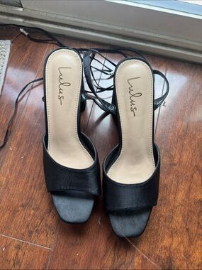 Lulu's Black Satin Square-Toe Lace-Up Heels